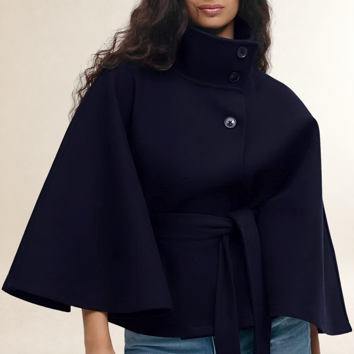 Vêtements femme Cape coat col droit fermeture boutons taille ceinture hip-length manches évasées