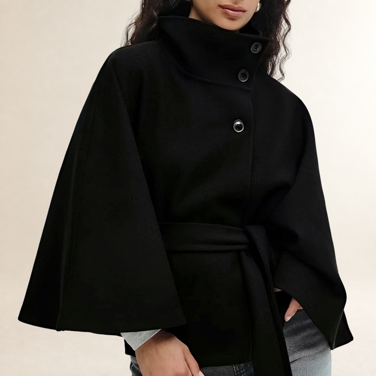 Vêtements femme Cape coat col droit fermeture boutons taille ceinture hip-length manches évasées
