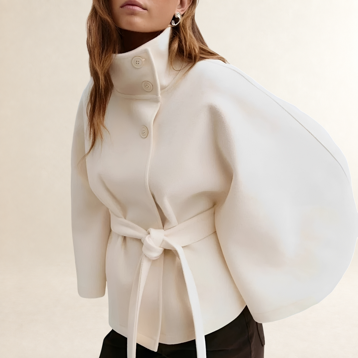 Vêtements femme Cape coat col droit fermeture boutons taille ceinture hip-length manches évasées