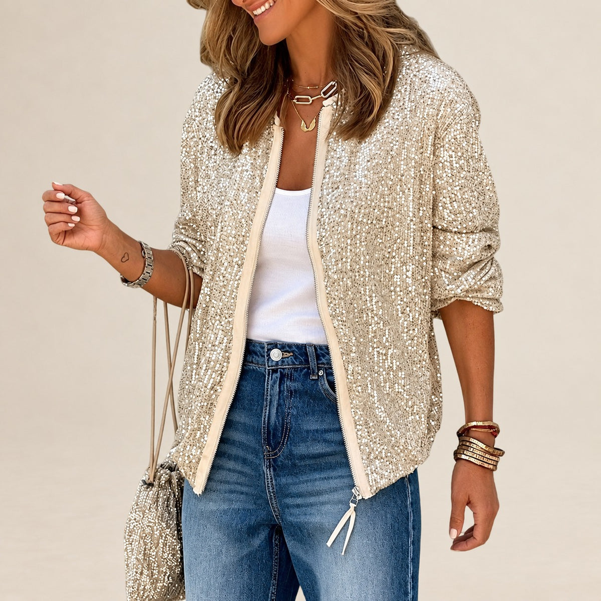 Veste bomber femme à sequins, fermeture éclair frontale et cordon à la taille