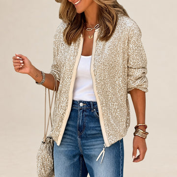 Veste bomber femme à sequins, fermeture éclair frontale et cordon à la taille