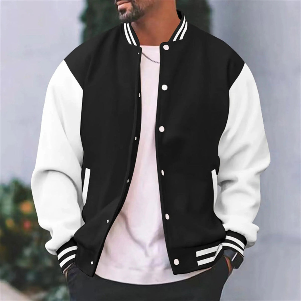 Veste bomber universitaire homme à boutons-pression, manches contrastées et réglage poignet