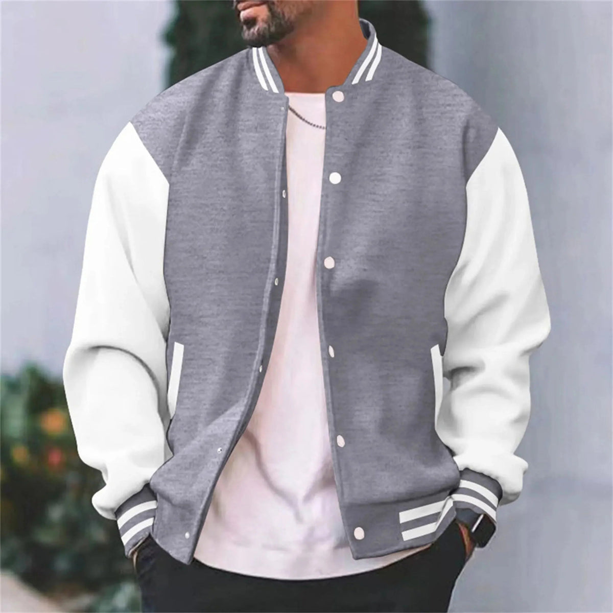 Veste bomber universitaire homme à boutons-pression, manches contrastées et réglage poignet