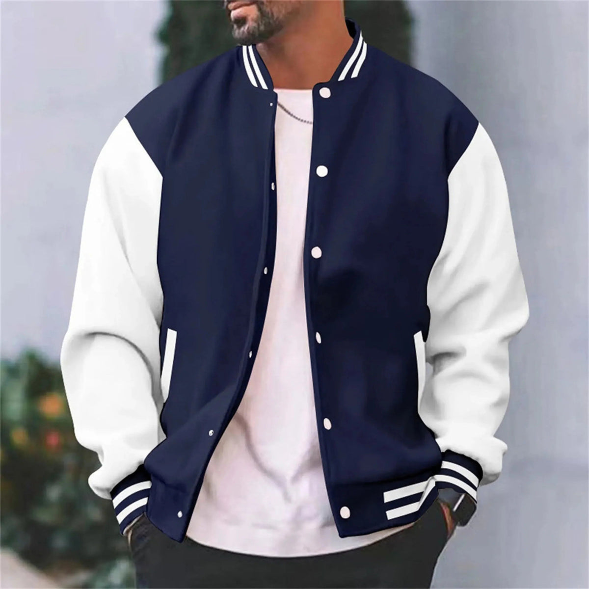 Veste bomber universitaire homme à boutons-pression, manches contrastées et réglage poignet