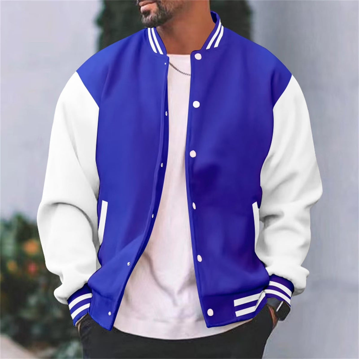 Veste bomber universitaire homme à boutons-pression, manches contrastées et réglage poignet