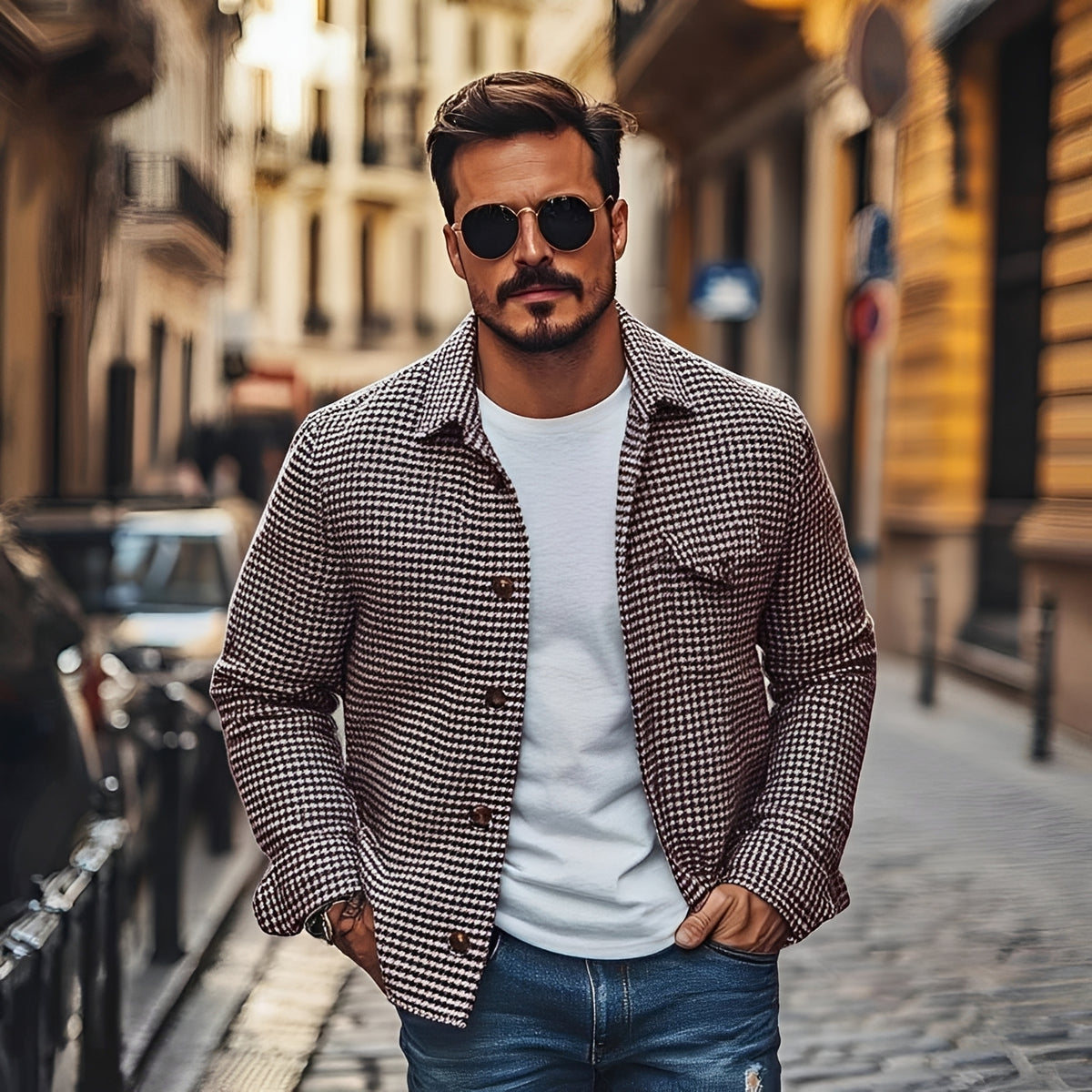 Veste chemise homme à motif pied-de-poule et coupe décontractée