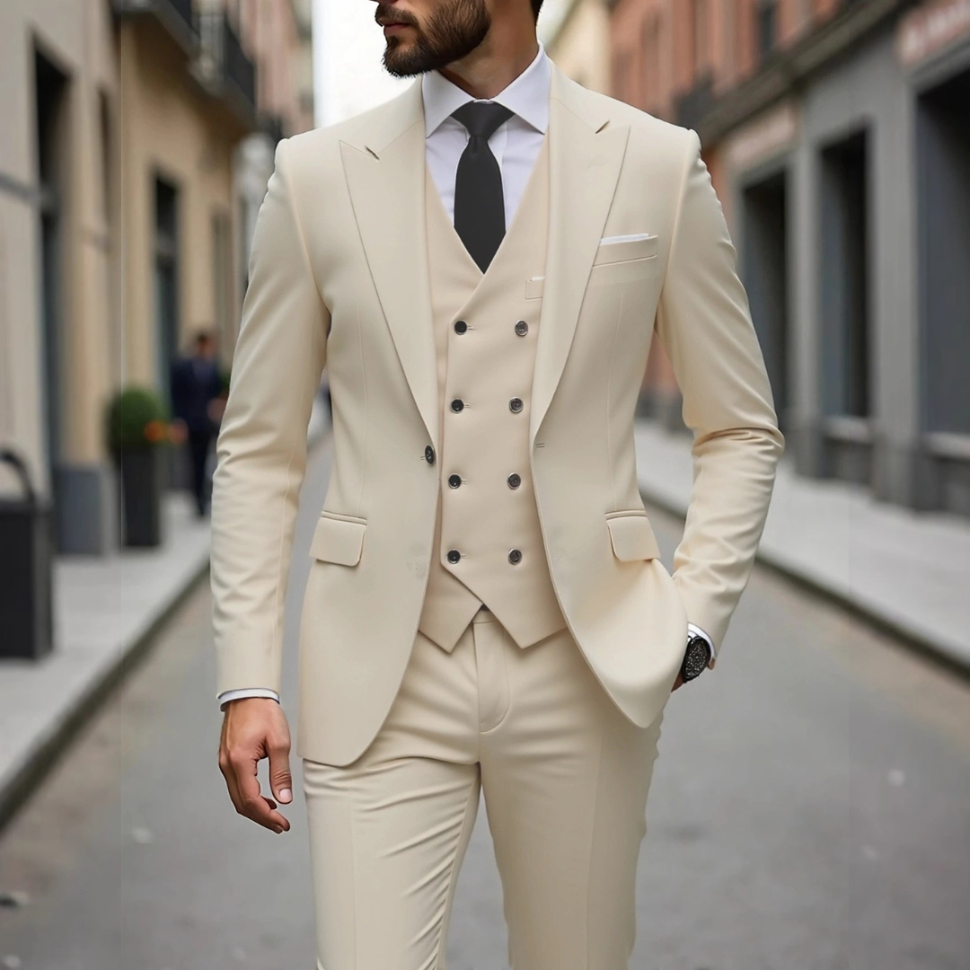 Veste/Costume Homme Smokin Three-Piece - Veste Slim-Fit deux-boutons, Gilet double-breasted et Pantalon taper