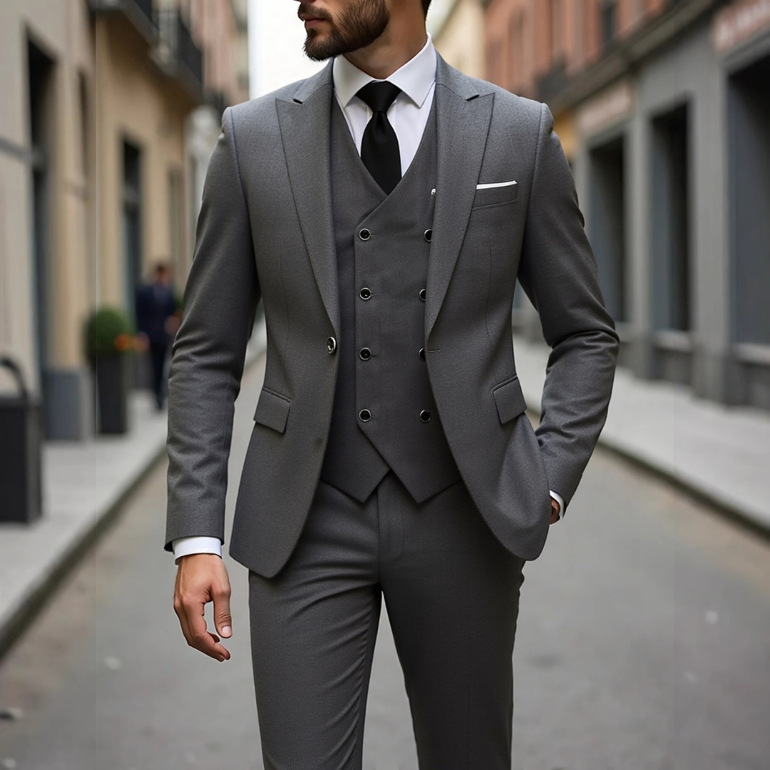 Veste/Costume Homme Smokin Three-Piece - Veste Slim-Fit deux-boutons, Gilet double-breasted et Pantalon taper