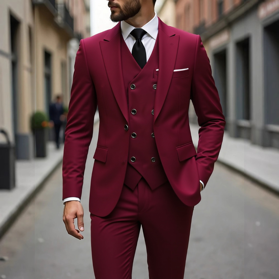 Veste/Costume Homme Smokin Three-Piece - Veste Slim-Fit deux-boutons, Gilet double-breasted et Pantalon taper
