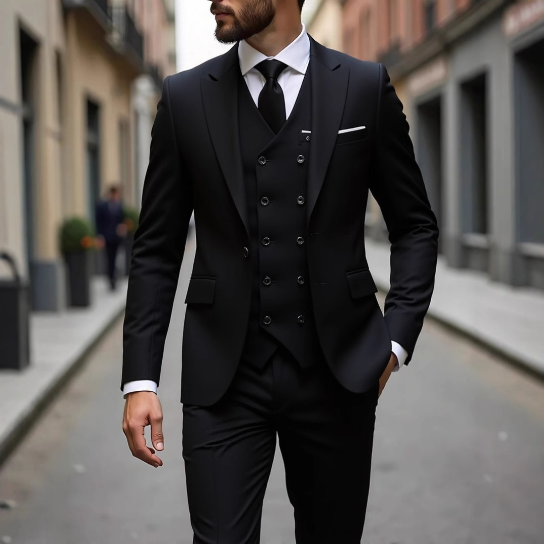 Veste/Costume Homme Smokin Three-Piece - Veste Slim-Fit deux-boutons, Gilet double-breasted et Pantalon taper
