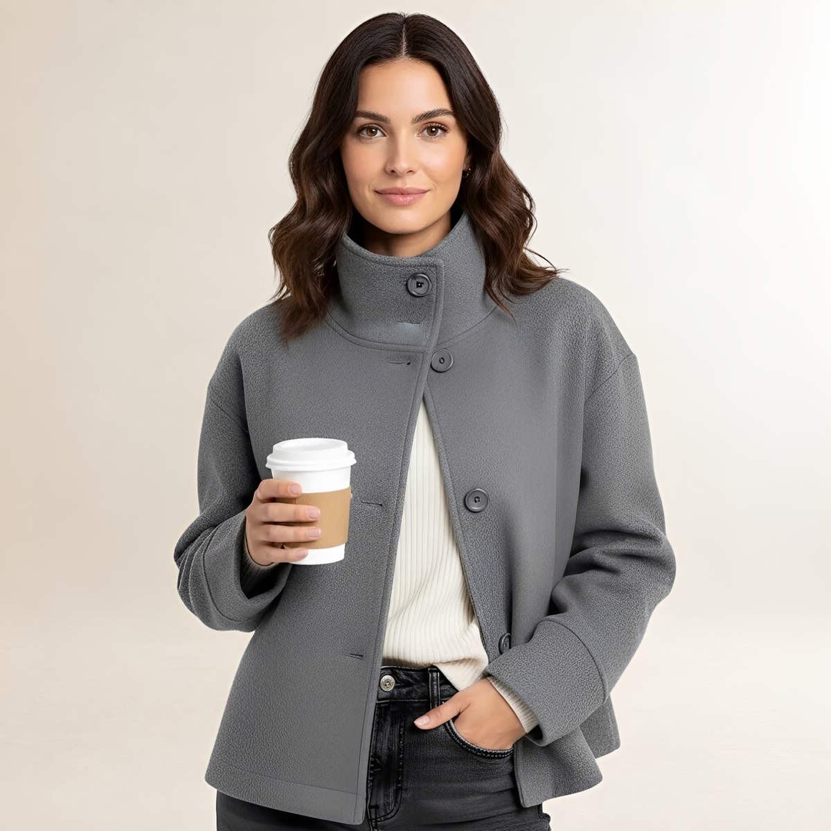 Veste courte femme col haut fermeture double bouton coupe décontractée