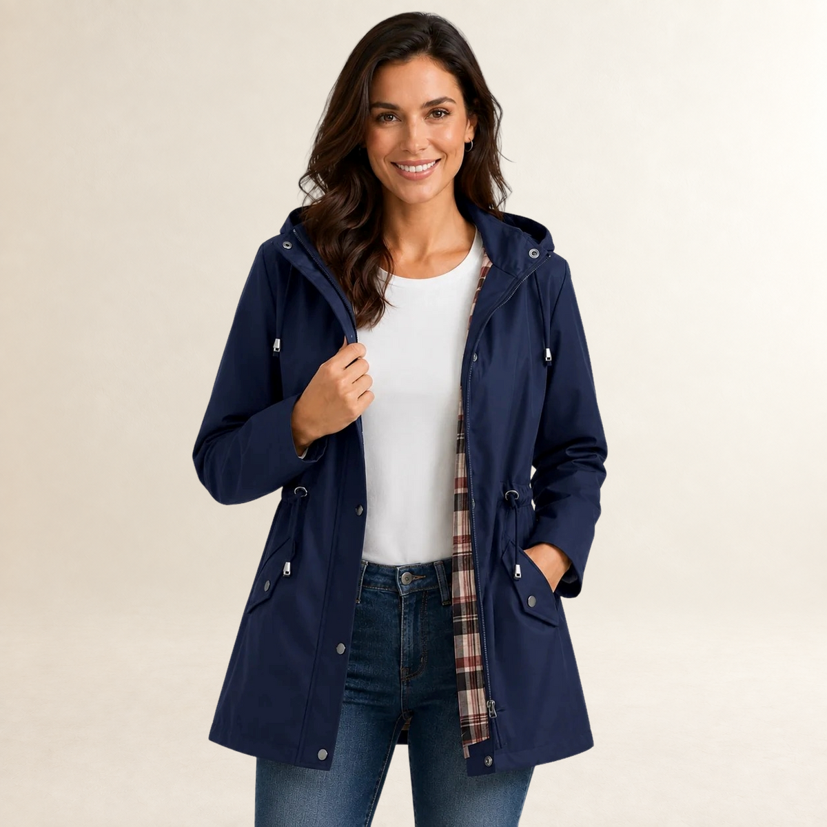 Veste de pluie femme à capuche légère avec doublure à carreaux coupe décontractée