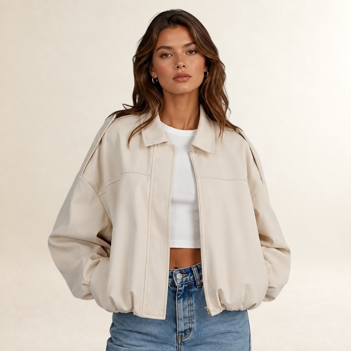 Veste femme bomber oversize à col structuré - coupe régulière