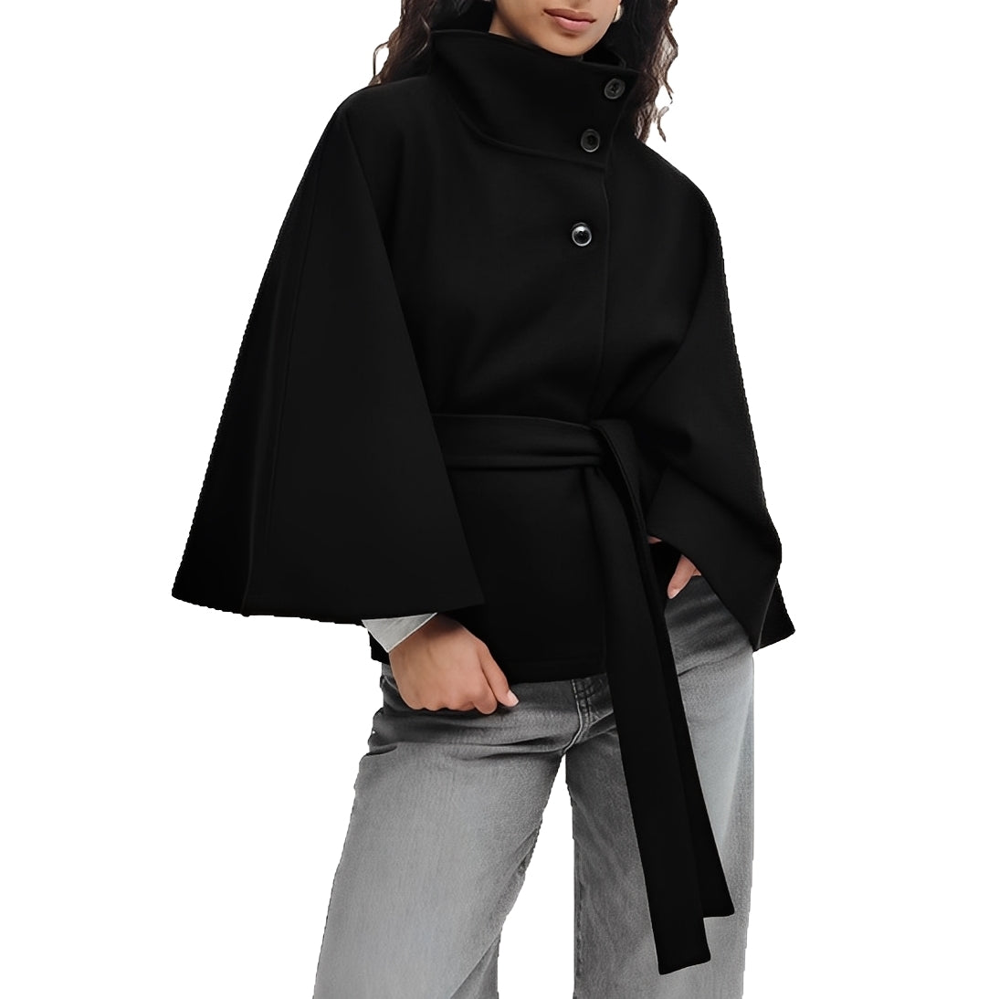 Veste femme cape à col haut et fermeture bouton avec ceinture coupe décontractée