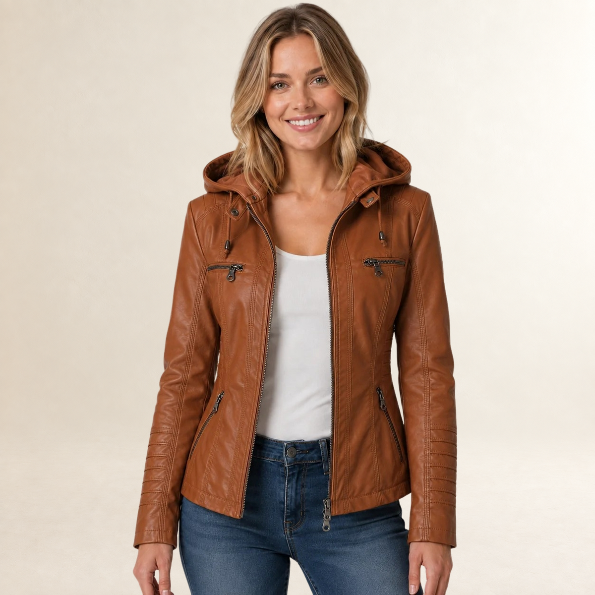Veste femme à capuche amovible à fermeture éclair et multiples poches
