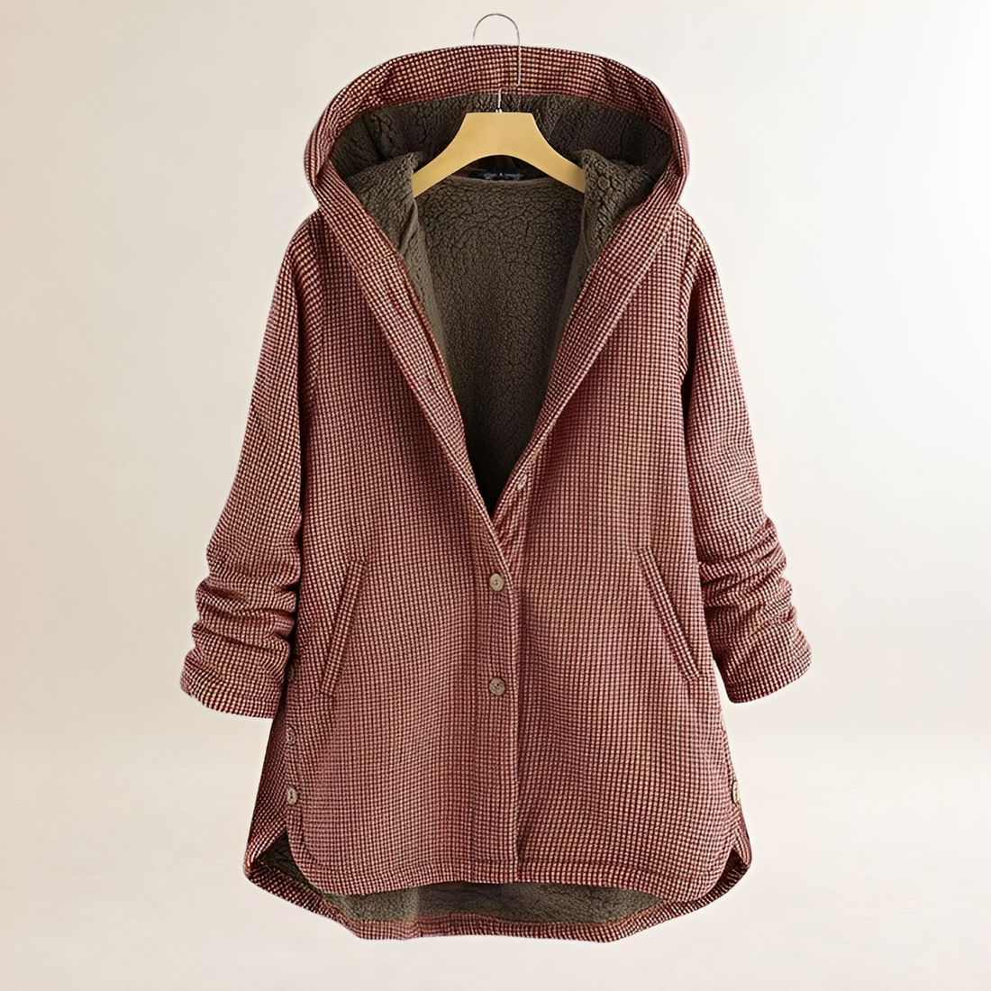 Veste femme à capuche à carreaux avec fermeture à boutons