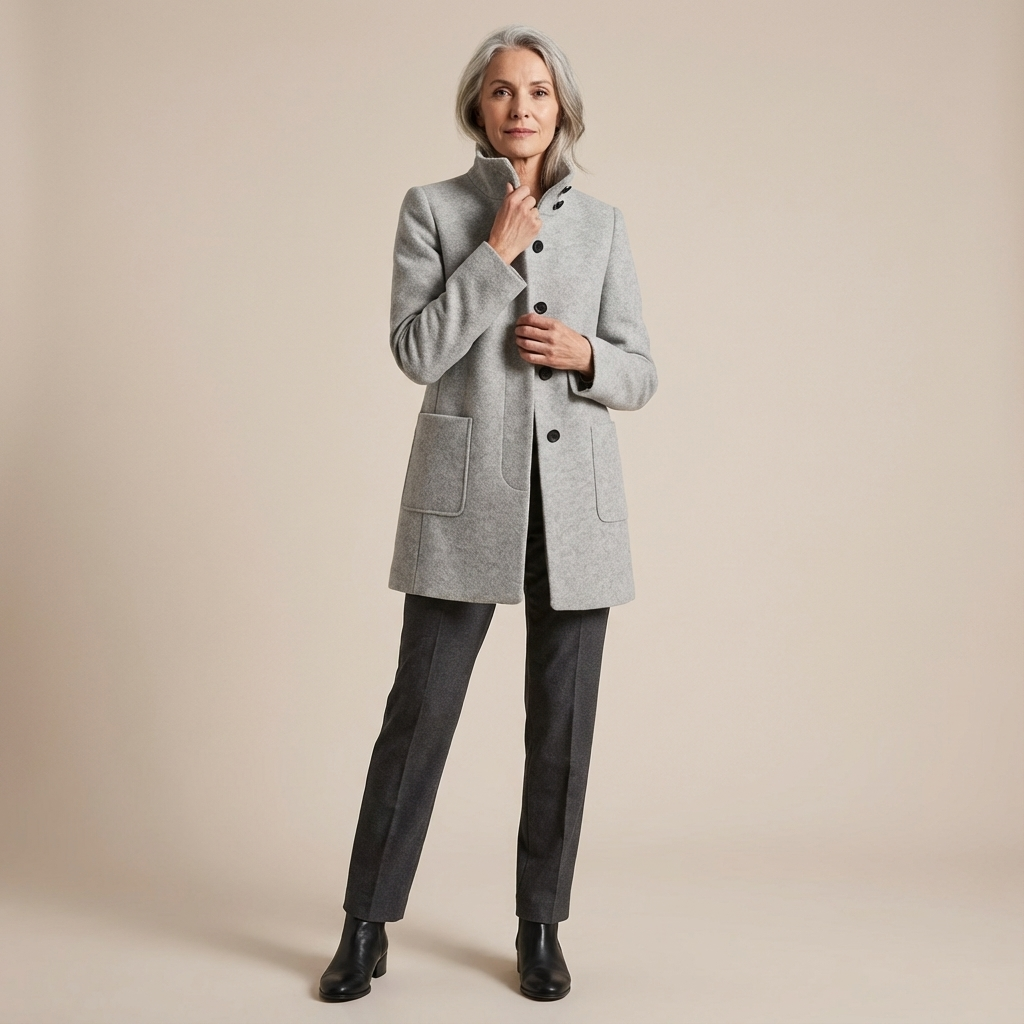 Veste femme col haut boutonnière – longueur hip, coupe décontractée, poches latérales visibles