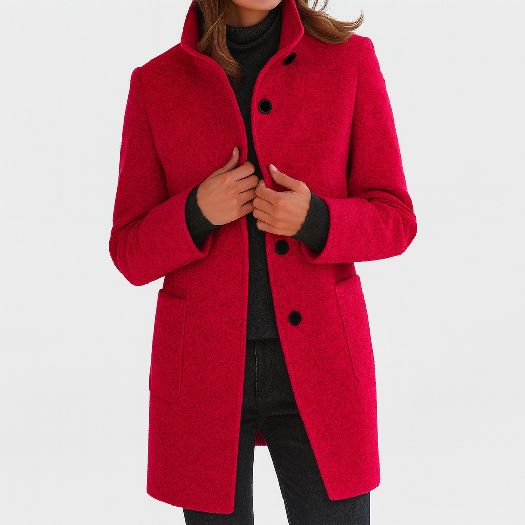 Veste femme col haut boutonnière – longueur hip, coupe décontractée, poches latérales visibles