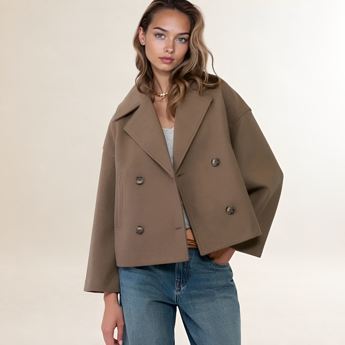 Veste femme croppée à double boutonnage col notched silhouette décontractée
