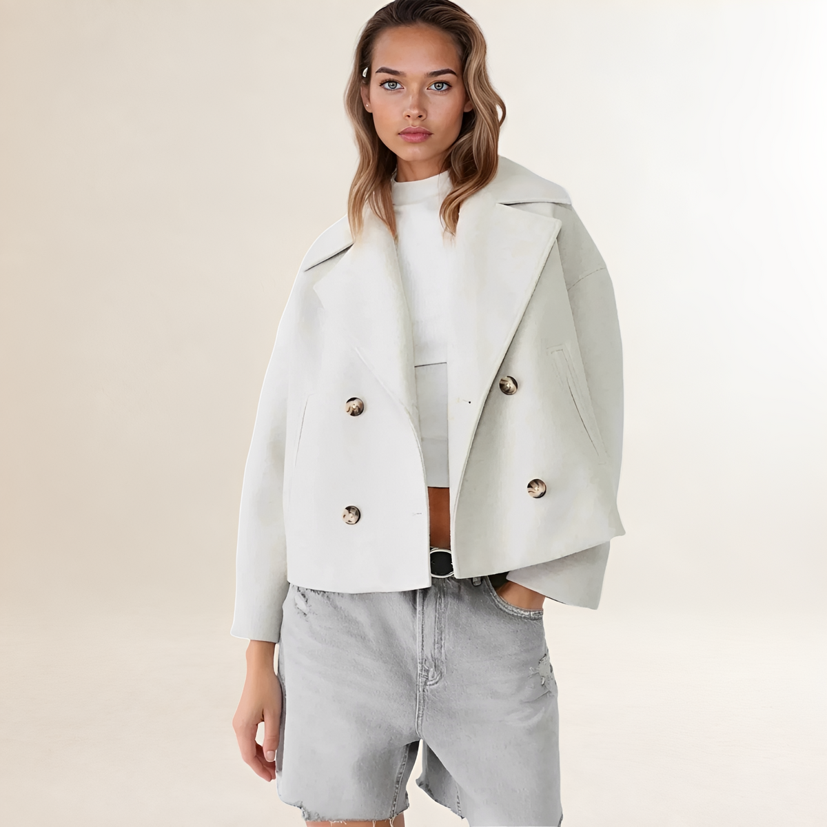Veste femme croppée à double boutonnage col notched silhouette décontractée