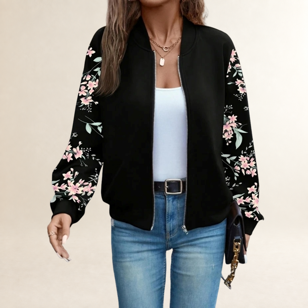 Veste femme à fermeture éclair, col baseball, manches longues à poignets côtelés, design floral et léopard