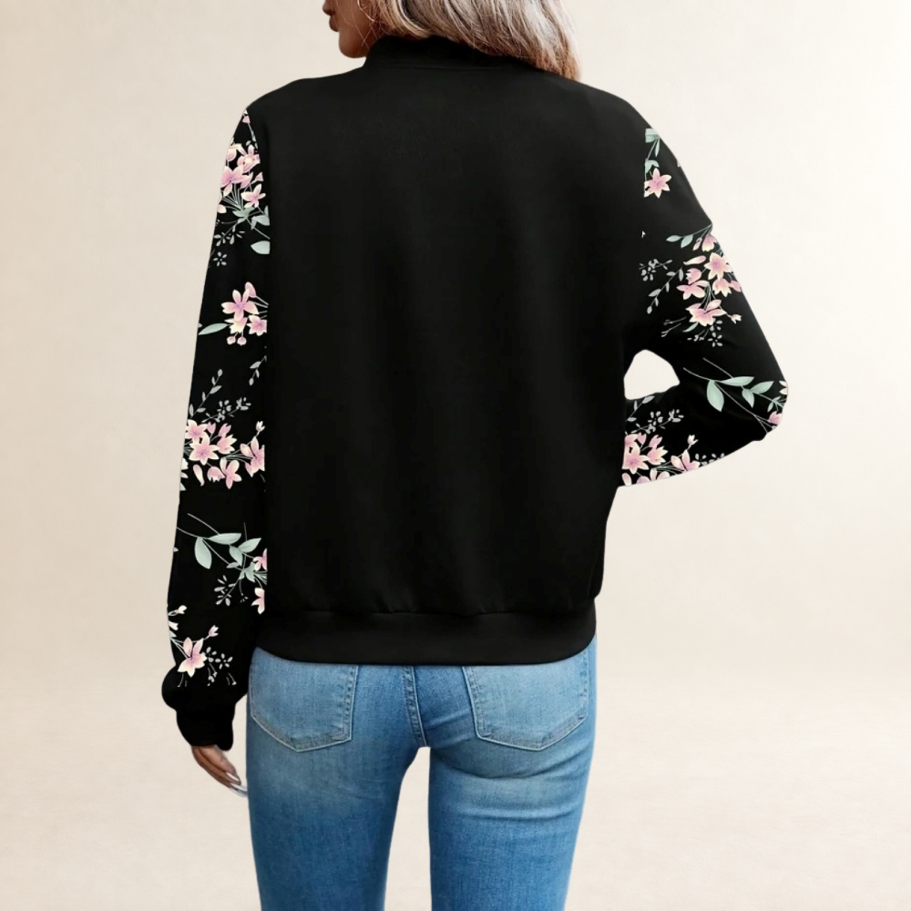 Veste femme à fermeture éclair, col baseball, manches longues à poignets côtelés, design floral et léopard