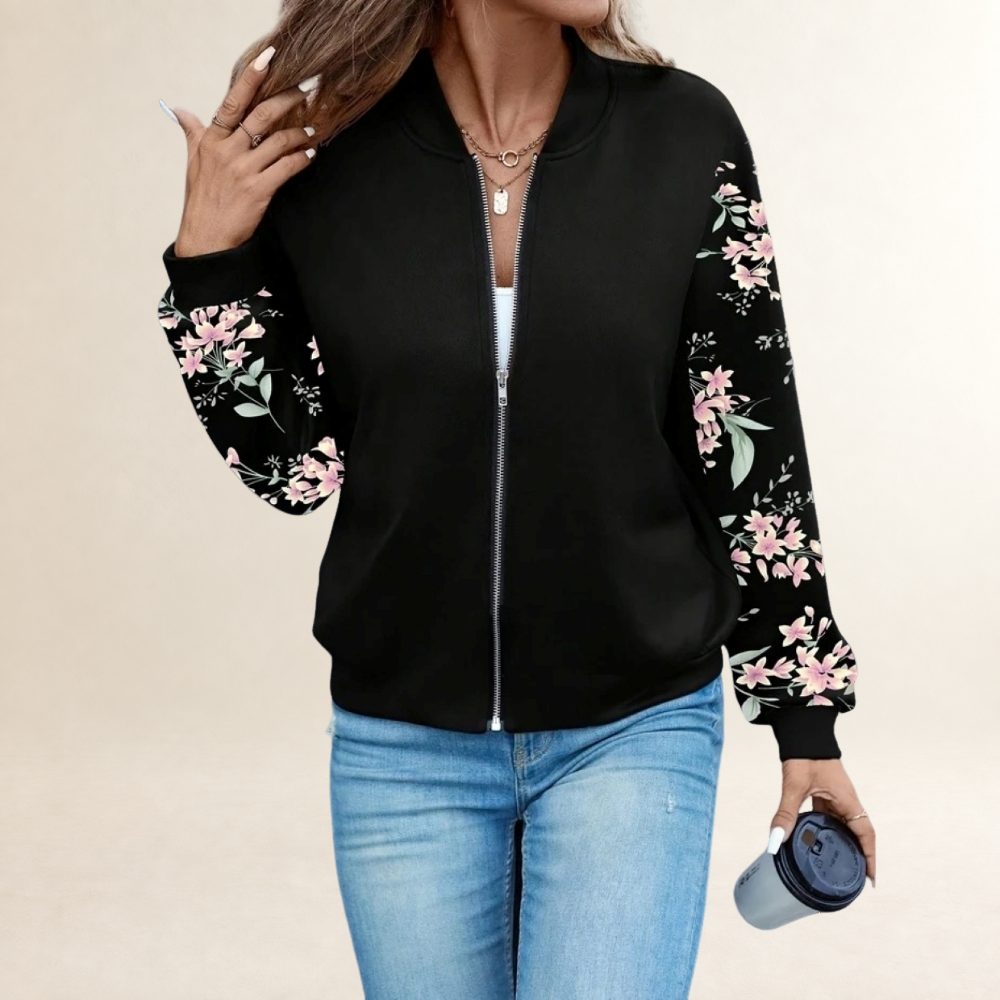 Veste femme à fermeture éclair, col baseball, manches longues à poignets côtelés, design floral et léopard