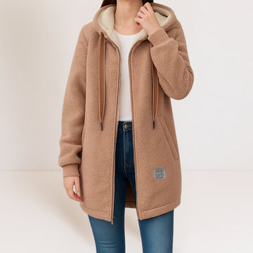 Veste femme longue à capuche, fermeture zip, poches plaquées et poignets côtelés