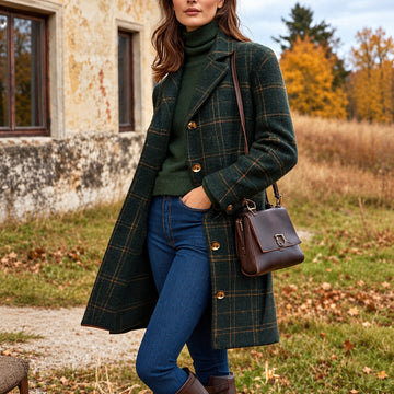 Veste femme longue à carreaux femme - motif plaid, fermeture à boutons, revers noté, coupe droite longue