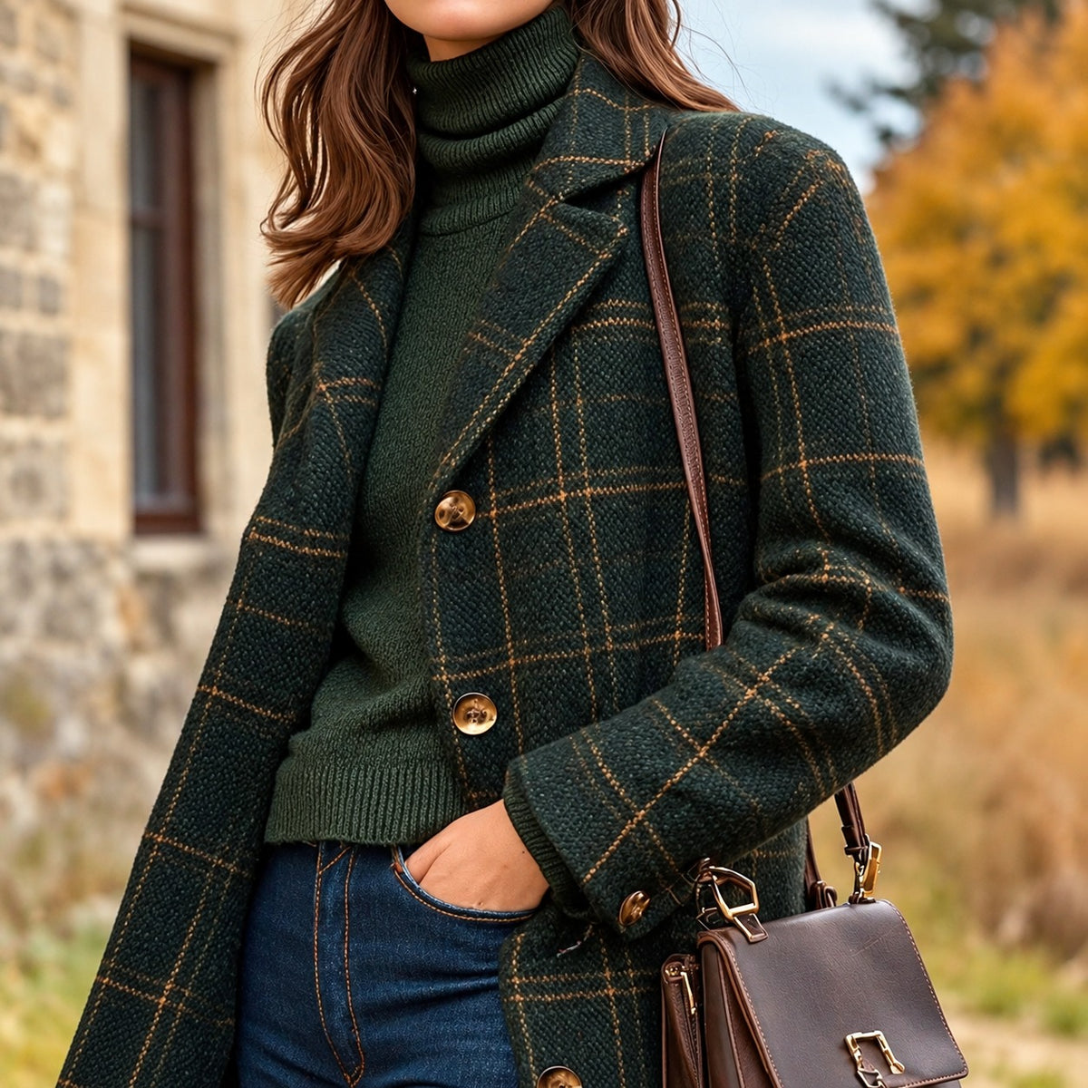 Veste femme longue à carreaux femme - motif plaid, fermeture à boutons, revers noté, coupe droite longue
