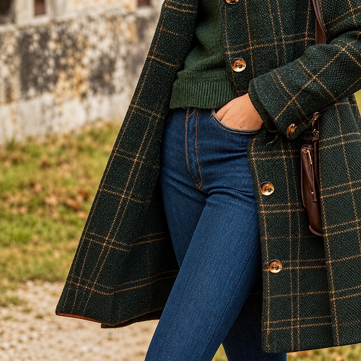 Veste femme longue à carreaux femme - motif plaid, fermeture à boutons, revers noté, coupe droite longue