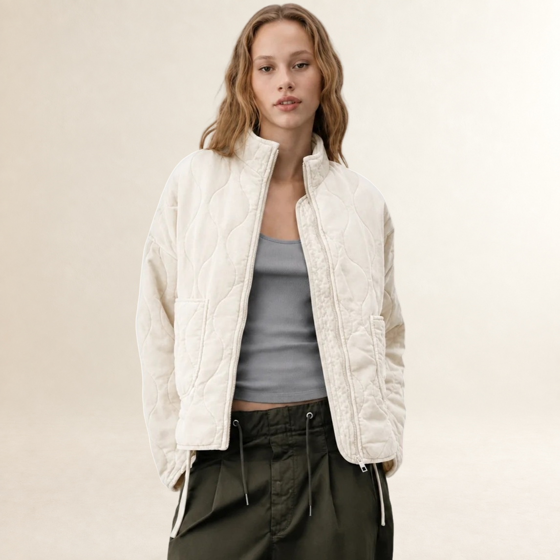 Veste femme quiltée à col haut et poches plaquées - coupe décontractée