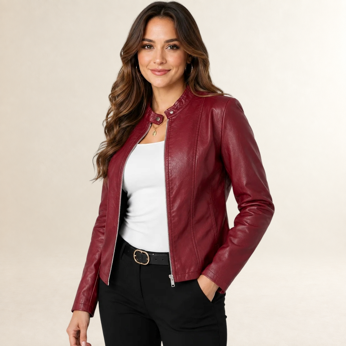 Veste femme style biker col montant fermeture éclair coupe structurée