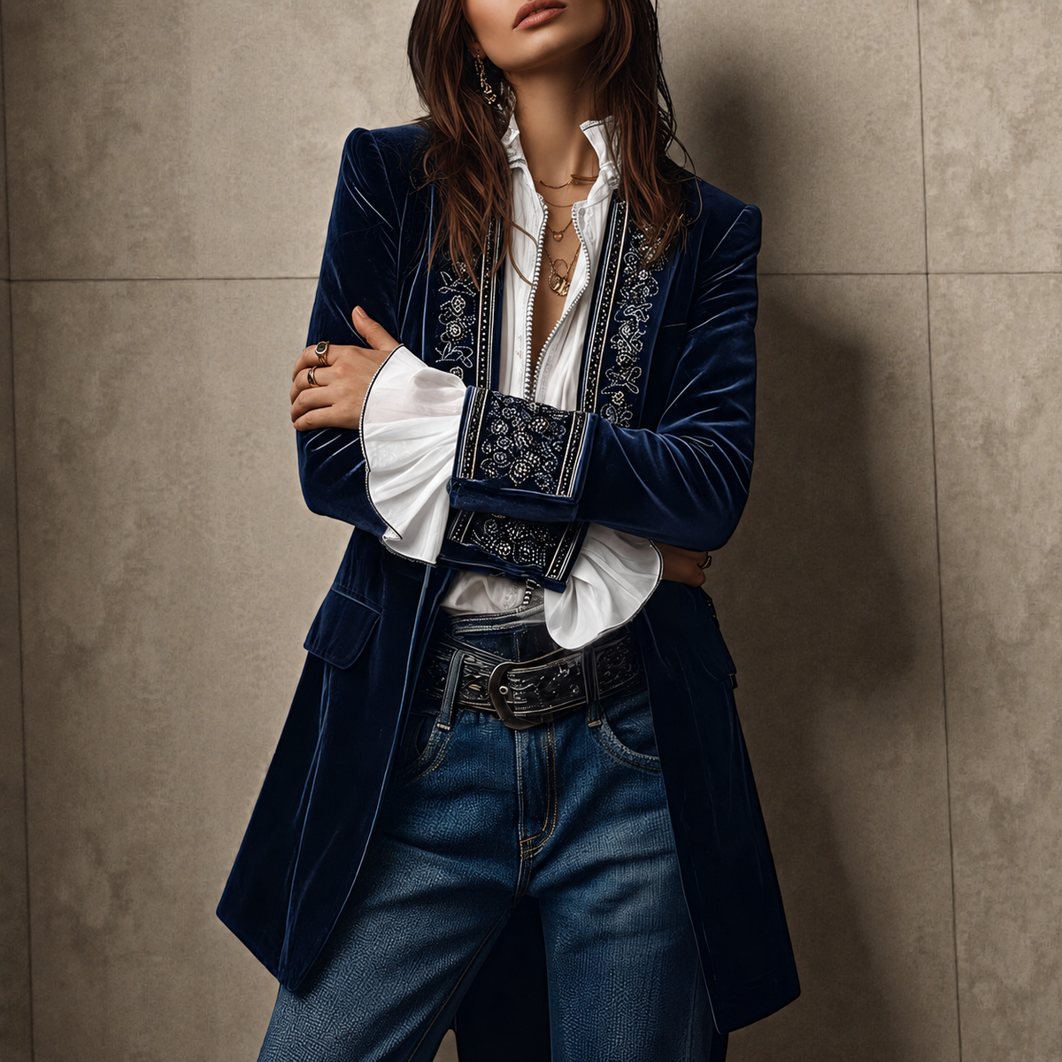 Veste femme tailleur longue à coupe structurée - empiècements brodés et poignets larges
