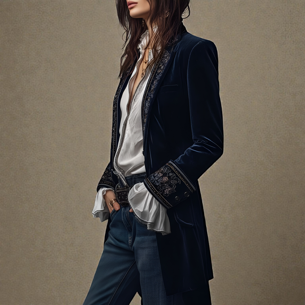 Veste femme tailleur longue à coupe structurée - empiècements brodés et poignets larges