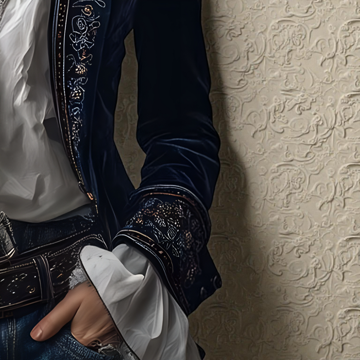 Veste femme tailleur longue à coupe structurée - empiècements brodés et poignets larges