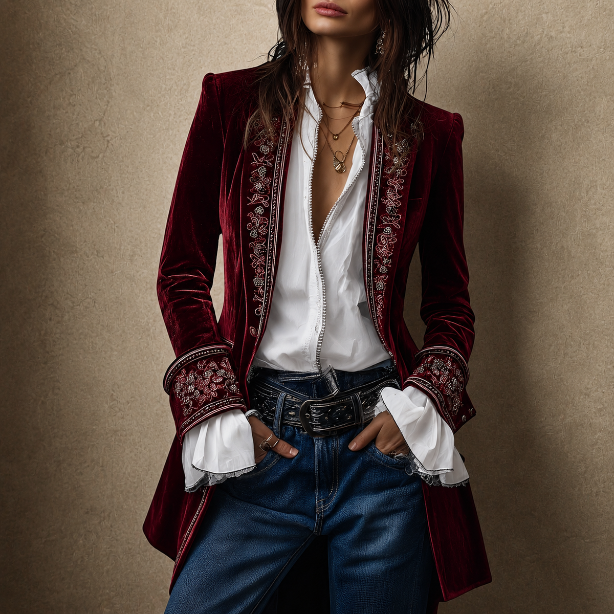 Veste femme tailleur longue à coupe structurée - empiècements brodés et poignets larges