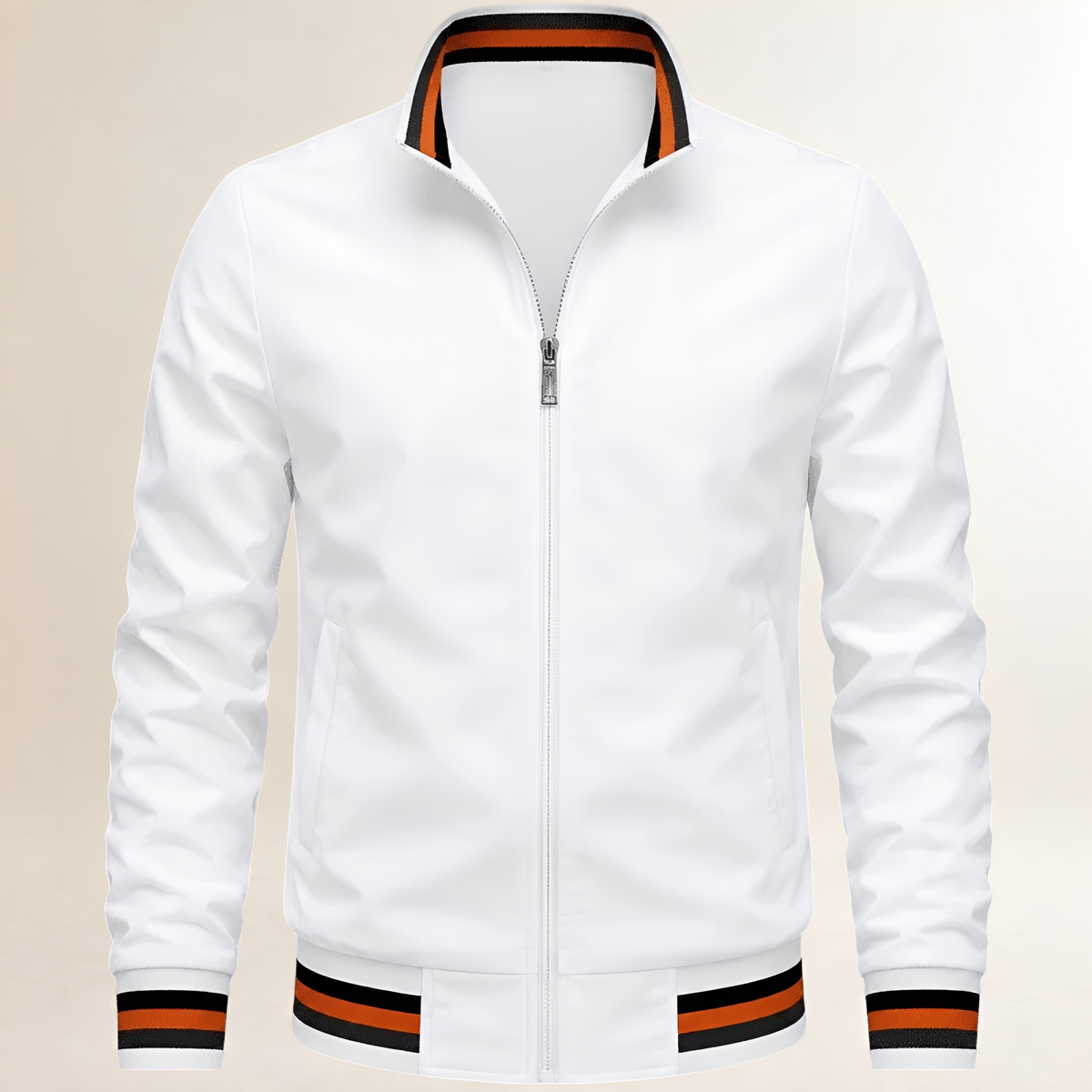 Veste homme bomber zip col montant à poignets et ourlets rayés
