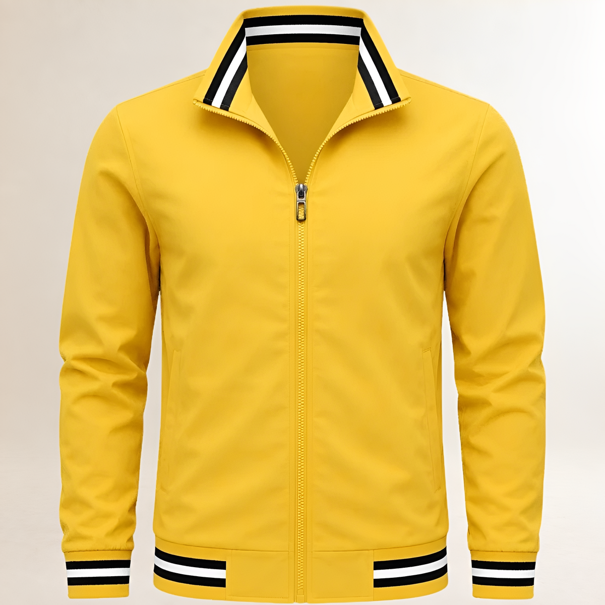 Veste homme bomber zip col montant à poignets et ourlets rayés