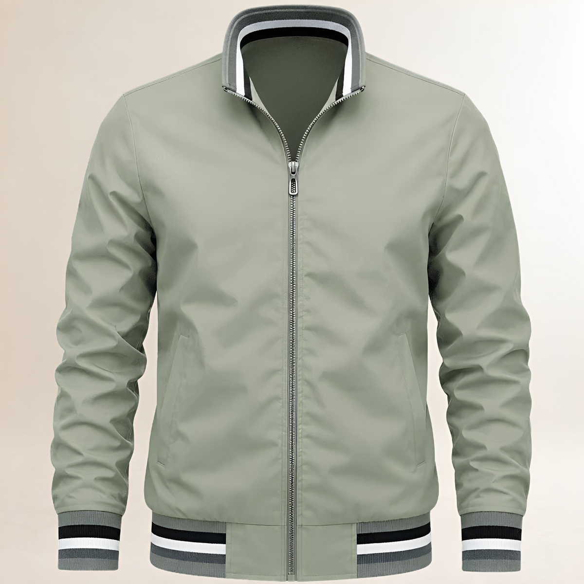 Veste homme bomber zip col montant à poignets et ourlets rayés
