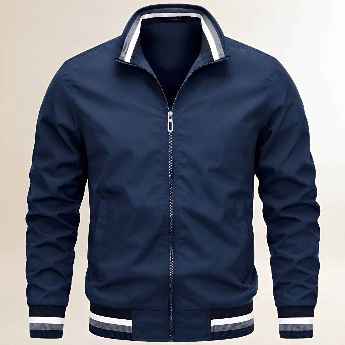 Veste homme bomber zip col montant à poignets et ourlets rayés