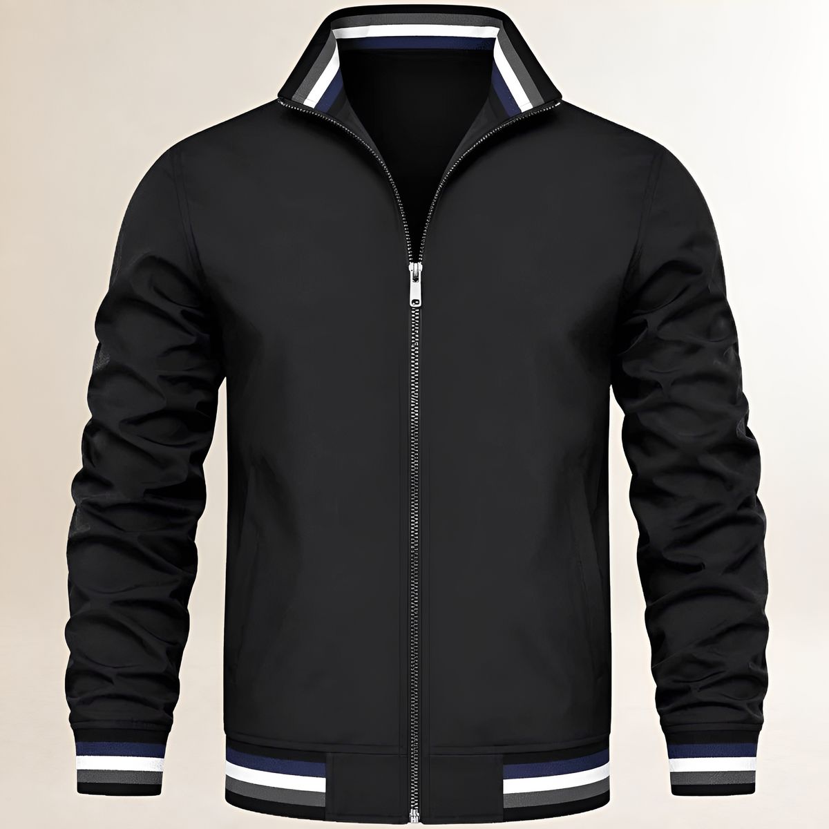 Veste homme bomber zip col montant à poignets et ourlets rayés