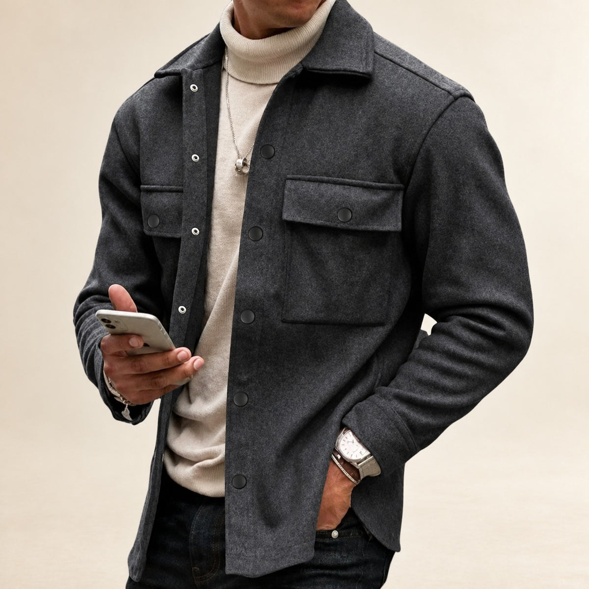 Veste homme à boutons avec poches - coupe décontractée manches longues
