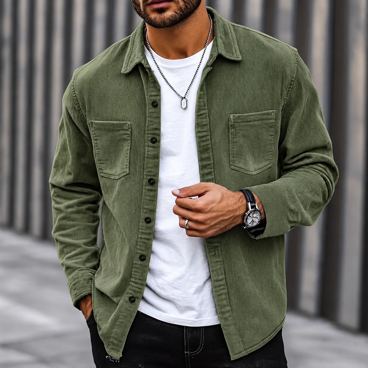 Veste homme à boutons, coupe classique, col traditionnel, poches poitrine