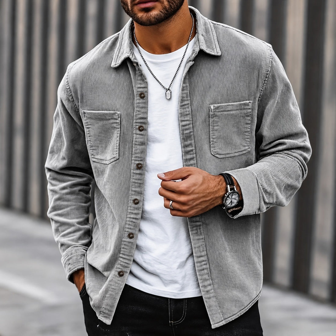 Veste homme à boutons, coupe classique, col traditionnel, poches poitrine