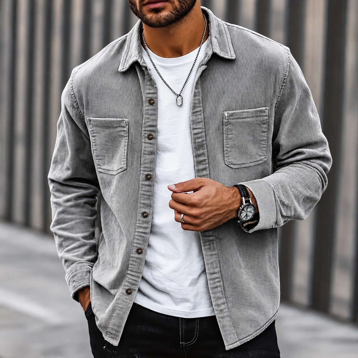 Veste homme à boutons, coupe classique, col traditionnel, poches poitrine