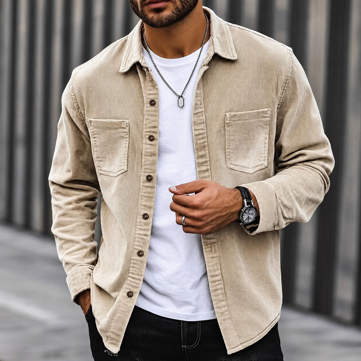 Veste homme à boutons, coupe classique, col traditionnel, poches poitrine