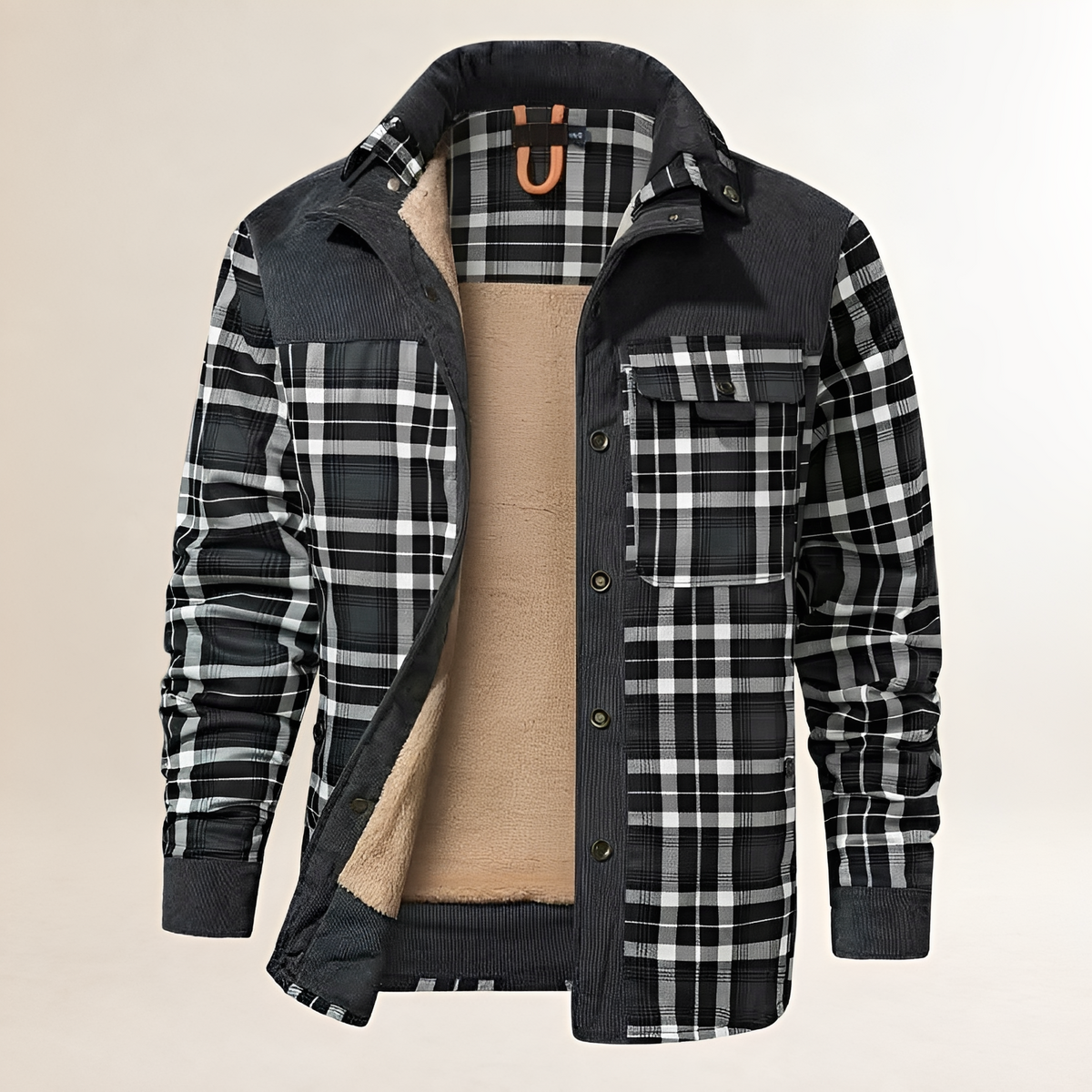 Veste homme à carreaux avec bouton-pression, col montant, poches poitrine et latérales, doublée, coupe régulière