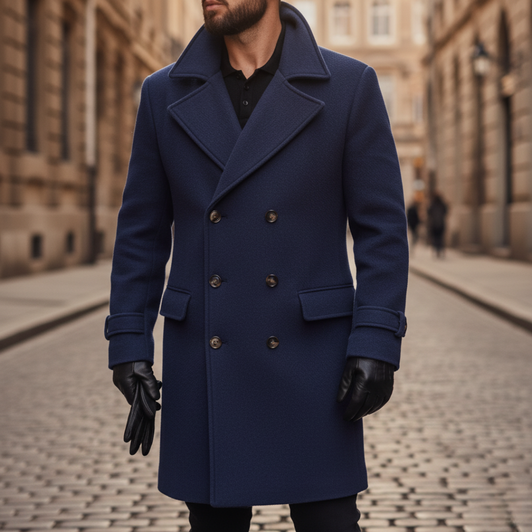Veste homme double boutonnage à revers noté - coupe longue tailoring, boutons épaules et fente extérieure
