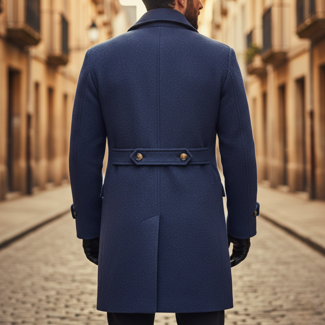Veste homme double boutonnage à revers noté - coupe longue tailoring, boutons épaules et fente extérieure